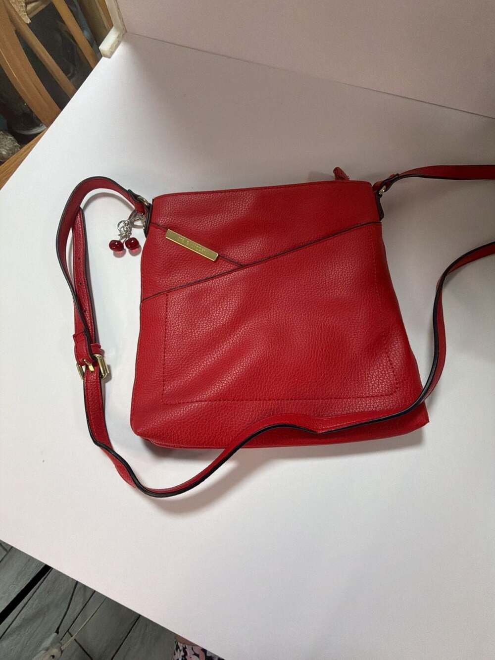 Steve Madden Red Pebbled Faux Leather Crossbody Bag with Cherry Charm
